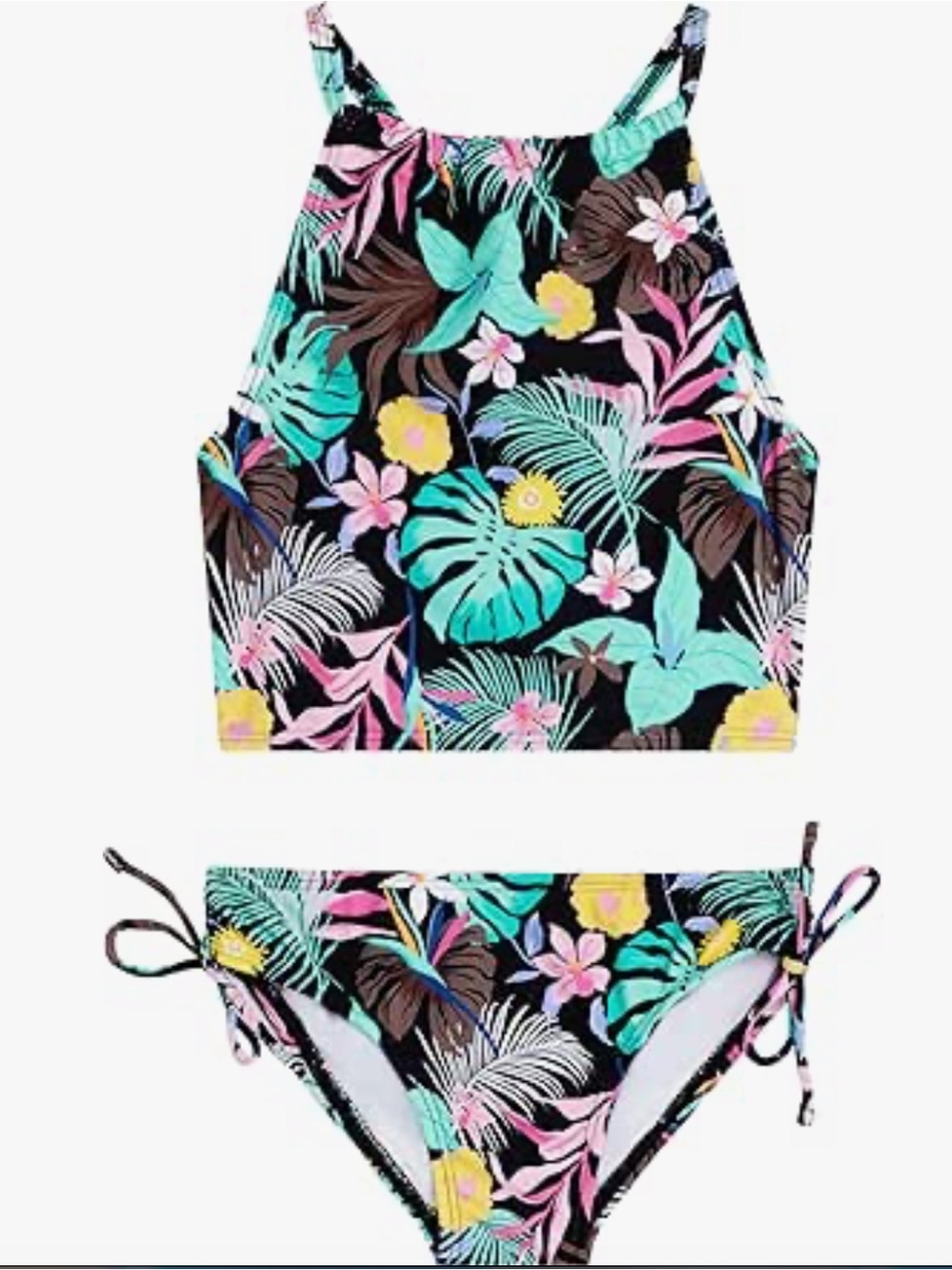 Kanu Surf Girls' Tropical Floral High-Neck Bikini - Black, Teal, Pink & Yellow